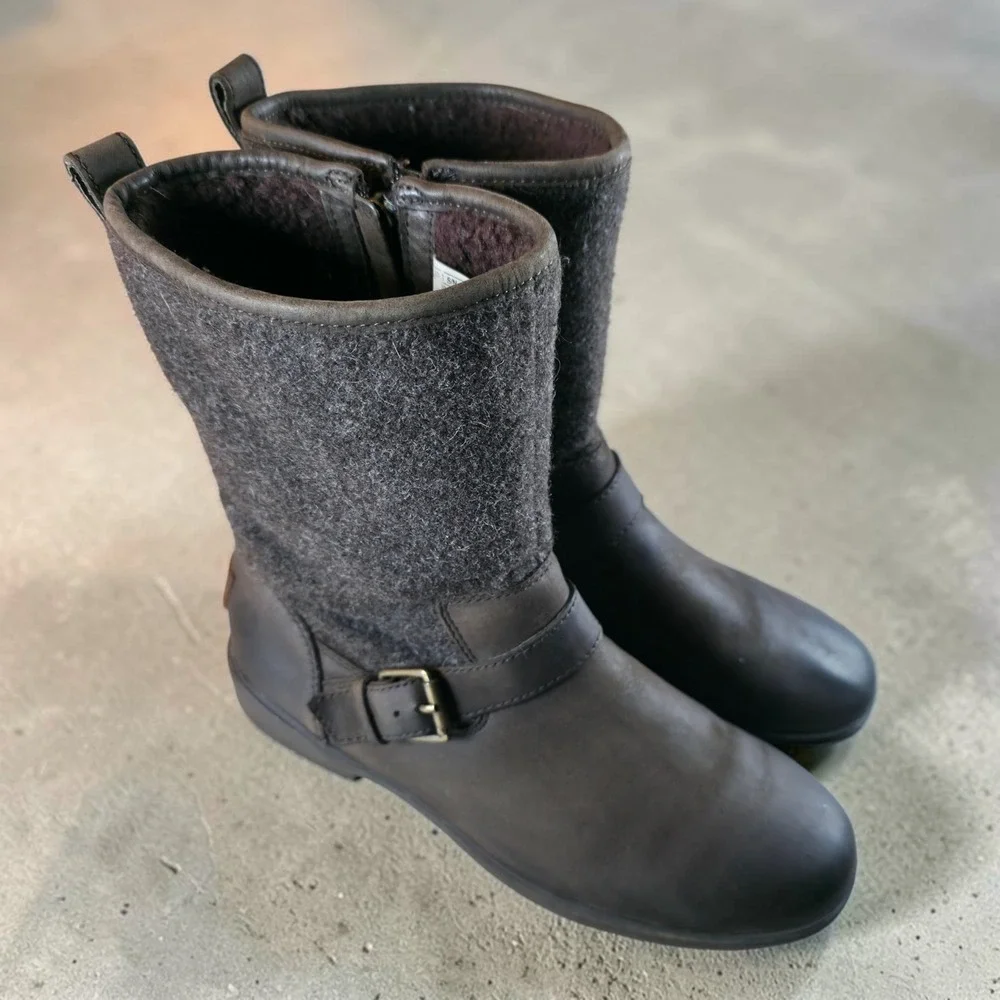 UGG Boots Womens 9 Robbie Leather Wool‎ Chocolate Brown Waterproof Zip 1017377